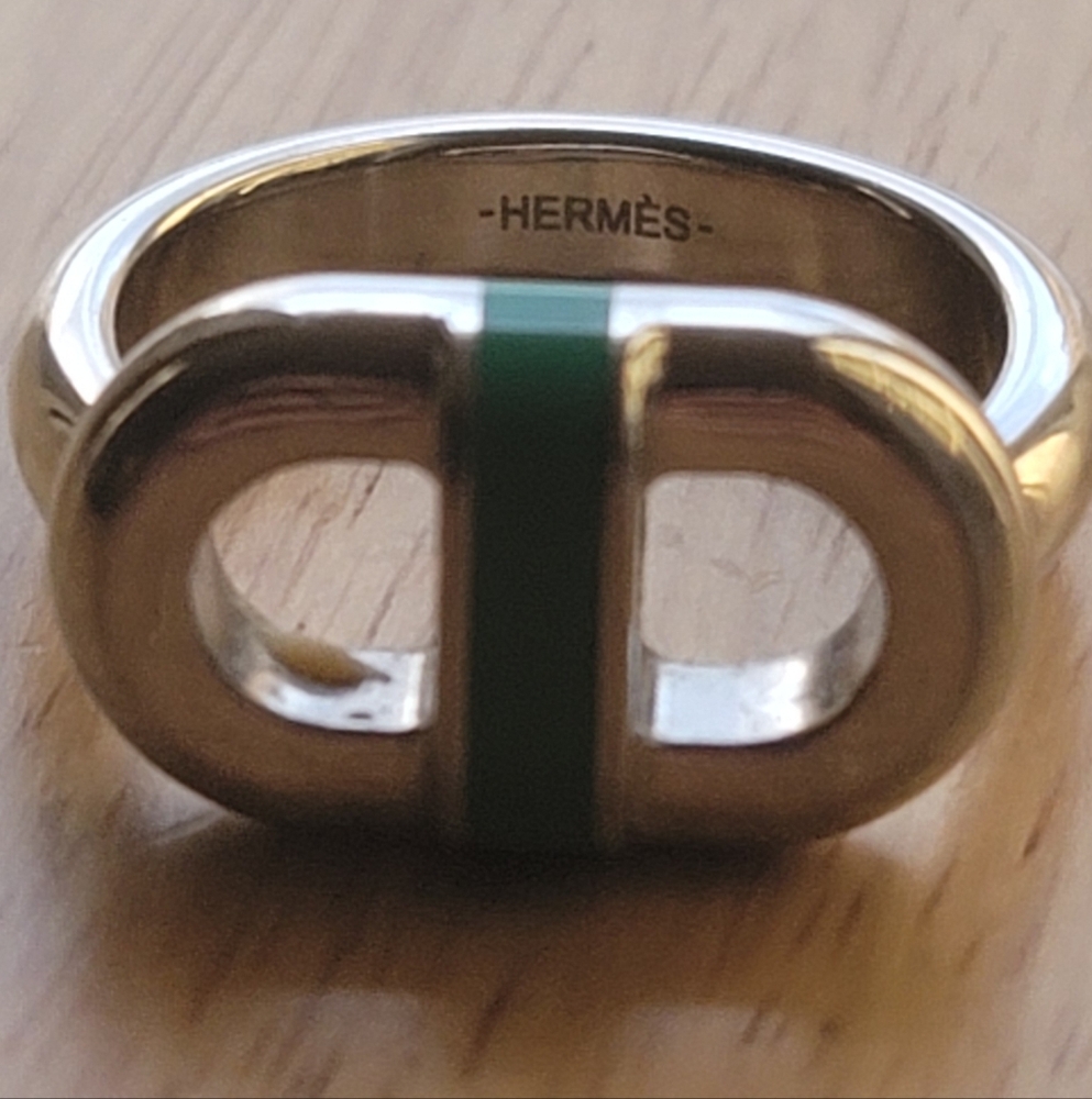Hermes Maillon Silver and Green Ring Size 9